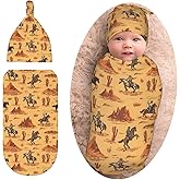 Western Swaddle Blanket with Beanie Set, Soft Baby Swaddle Sack Newborn Receiving Blanket for Girls Boys