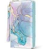 Nipichsha Womens Wallet, RFID Wristlet Wallet for Women, Cute Ladies Purse, Large Credit Card Clutch Purse, Leather Card Holder Wallets with Zipper & Phone Holder, Colorful Ink Marble