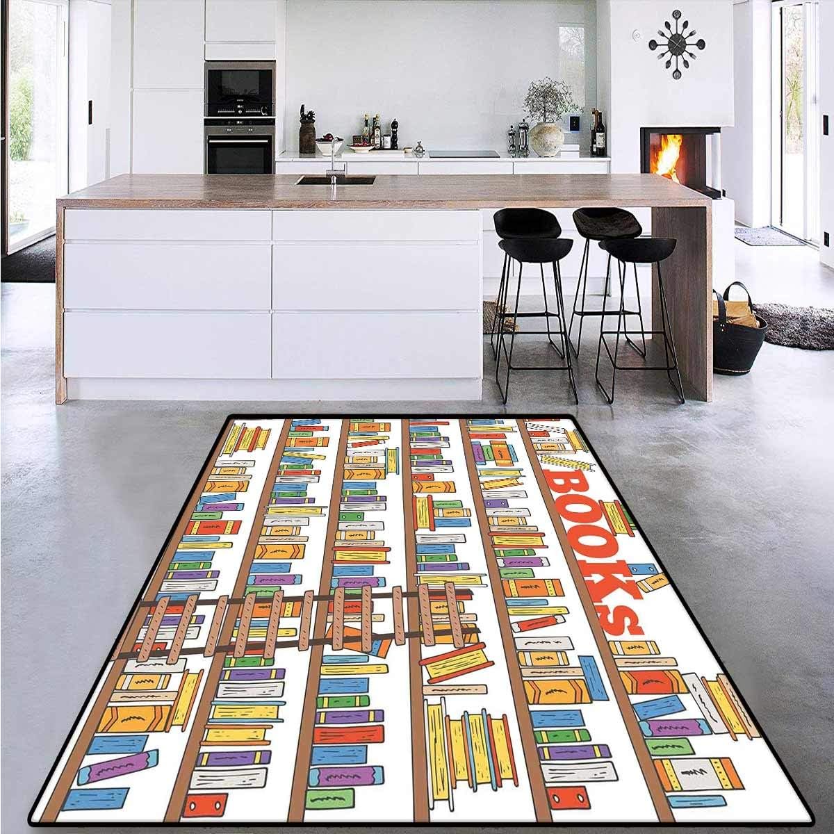 Modern, Girls Bedroom Rug, Library Bookshelf with A Ladder School Education Campus Life Caricature Illustration, for Kids Room 6' x 9' Multicolor