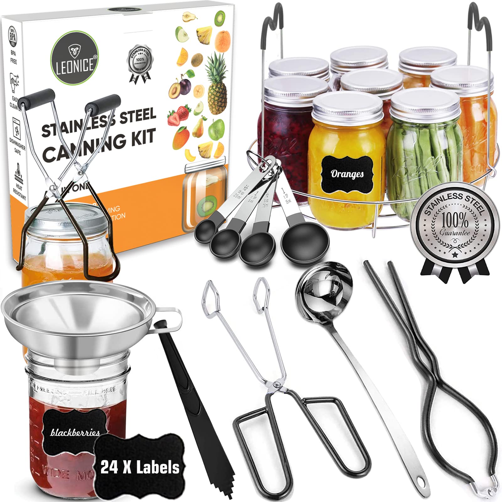 Photo 1 of Canning Supplies Starter Kit, Stainless Steel Canning Set Tools: Rack, Ladle, Measuring Spoons, Funnel, Tongs, Jar Lifter, Lid Lifter & Accessories for Canner/Pot, Beginner, Home Canning Kit - Black