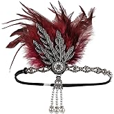 STIOEDYUAN Vintage 1920s Flapper Headband Great Gatsby Feather Headpiece Roaring 20s Leaf Tiara Hair Accessories For Women (Black+Wine)