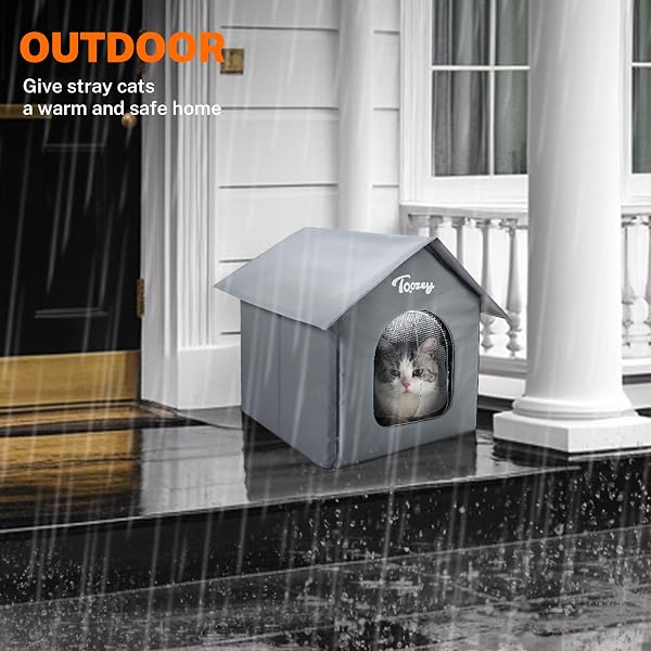 TOOZEY INSULATED OUTDOOR CAT HOUSE WITH 4 BONUS INSULATION SHEETS – WEATHER-RESISTANT, EASY ASSEMBLY, DURABLE FERAL CAT SHELTER WITH REMOVABLE SOFT MAT FOR WINTER PROTECTION, GREY