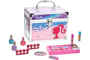 Barbie Train Case Beauty Set, Kids Makeup Kit for Girls, Real Washable Makeup Set, Play Makeup, Includes Lip balms, nail polishes, for Party Favor, Birthday, Ages 3+ by Townley Girl