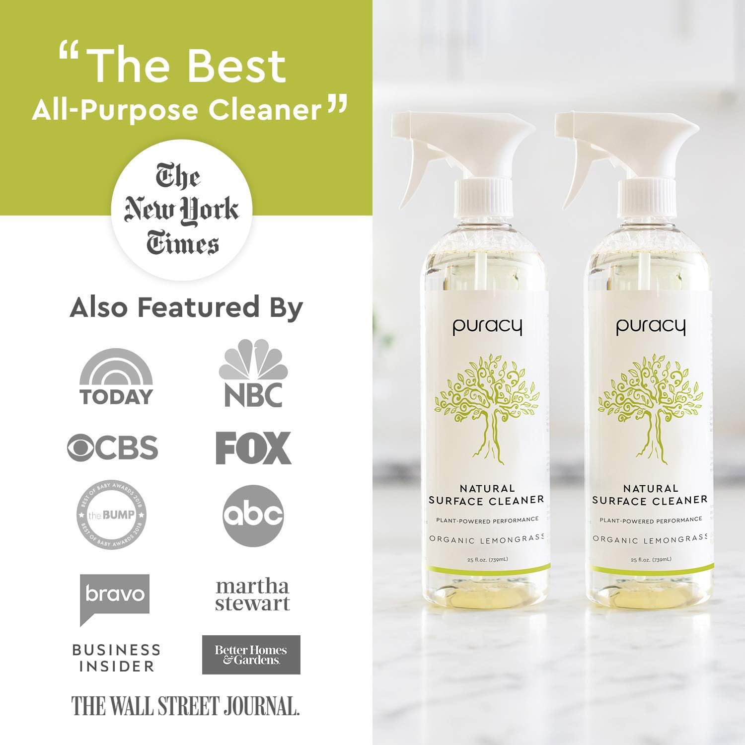 Puracy Multi-Surface Cleaner, Organic Lemongrass, Streak-Free Natural All Purpose Cleaner for Kitchens and Bathrooms, 25 Fl Oz (2-Pack): Health & Personal Care