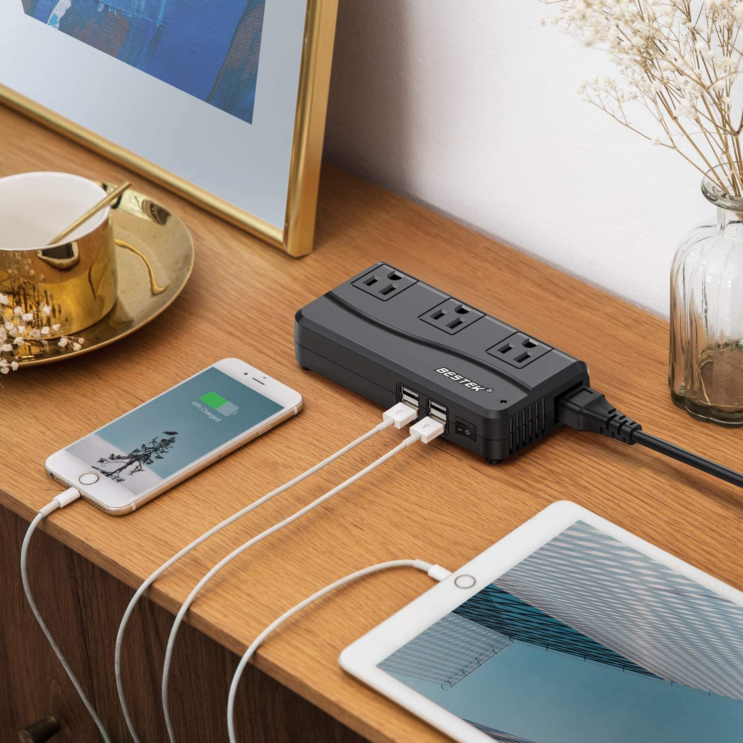 BESTEK Universal Travel Adapter 220V to 110V Voltage Converter with 6A 4-Port USB Charging and UK/AU/US/EU Worldwide Plug Adapter (Black)
