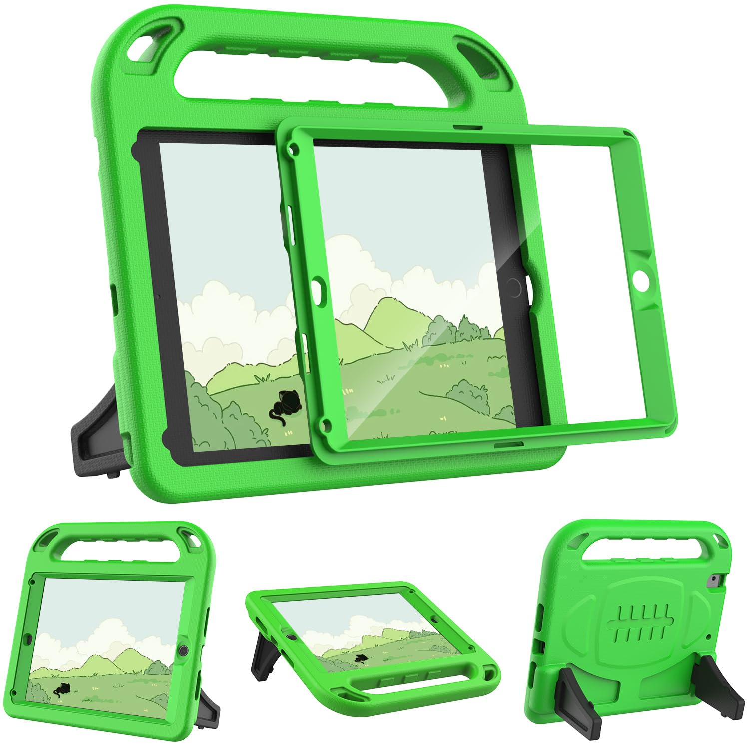 SINSO Kids Case for iPad 9.7 inch 6th Generation 2018/5th Generation 2017/iPad Air 2, Built in Screen Protector, Lightweight Shockproof ipad Cover with Handle/Stand, Green