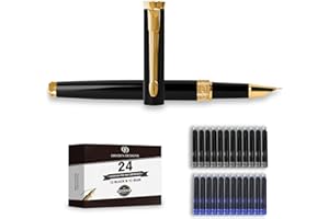 Dryden Designs Fine Nib Fountain Pen - Includes 24 Ink Cartridges - 12 Black and 12 Blue - Black - Smooth Elegant Writing with Fine Nib and Ink Converters