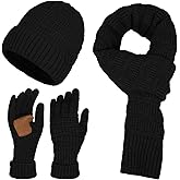 Cold Weather Scarves, Winter Hat Gloves Scarf Set, Knit Beanie Hat with Scarf & Touchscreen Gloves for Men Women, Black