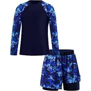 DUONITITI Boys Long Sleeve Rash Guard with Compression Liner Swim Trunks Quick Dry 2-Piece Sun Shirt Swimwear Set