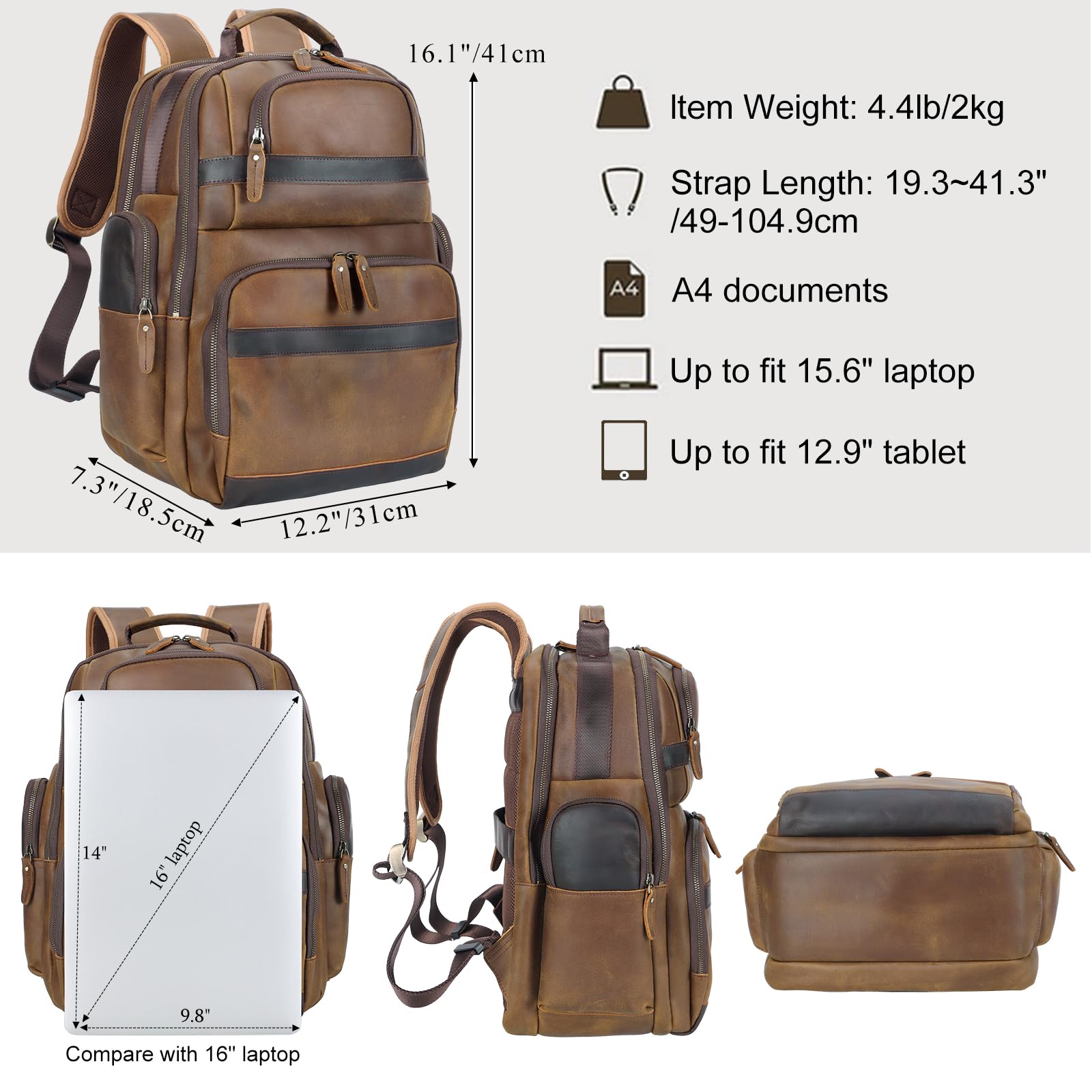 TIDING Men's Vintage Leather Backpack 15.6