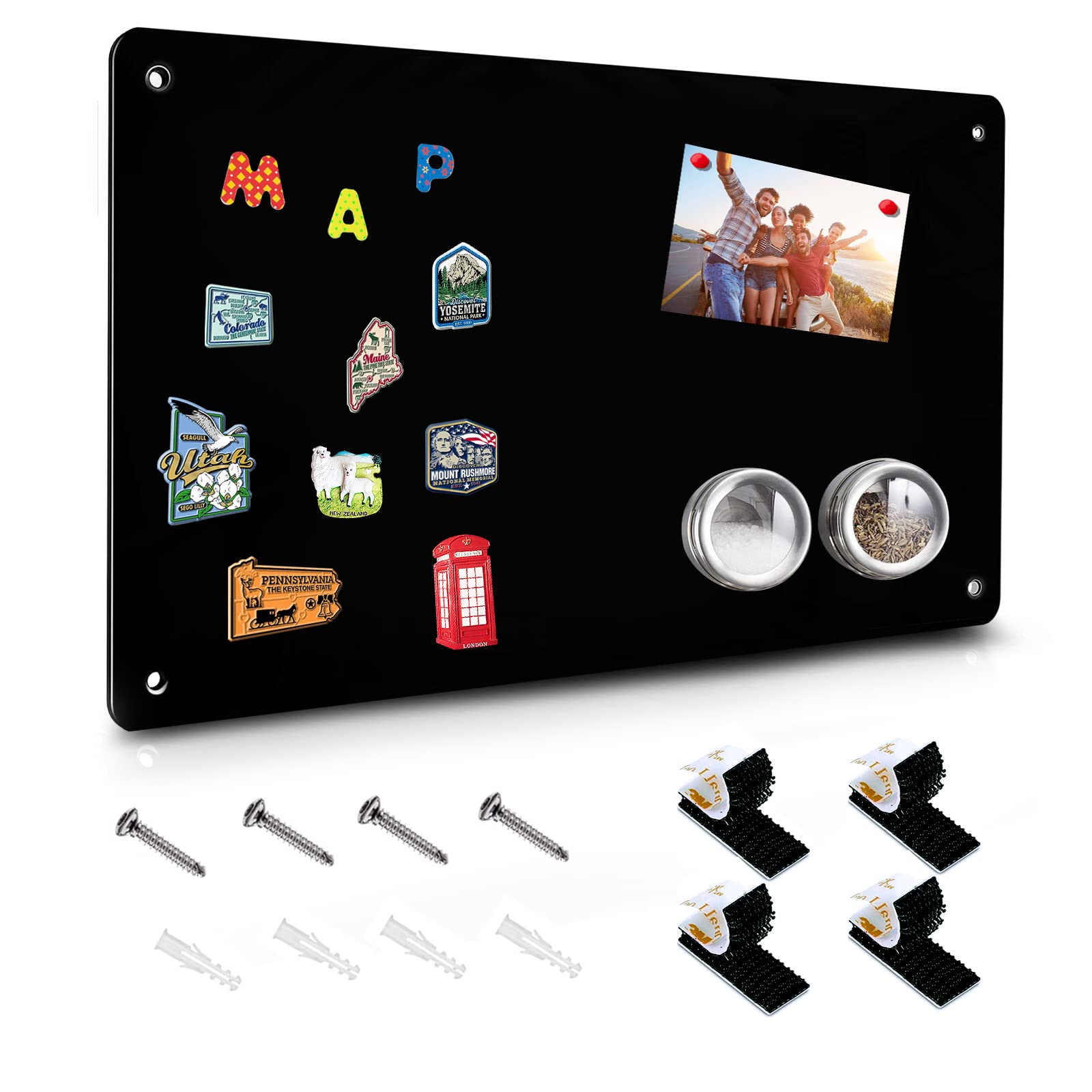 Photo 1 of Black Magnetic Board,17.5" x 11.4" Magnet Bulletin Board to Display Magnetic Notes, Poetry, Photos, Suitable for Wall, Refrigerator, Cabinet etc, Come with 4 Pcs Dual Lock Tape and Screws