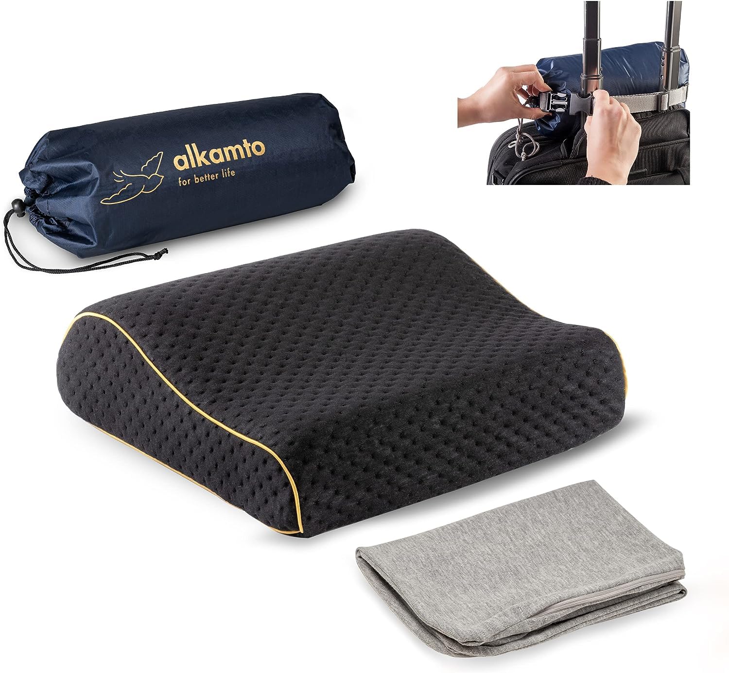 alkamto Travel Pillow - Ergonomic Neck Support Memory Foam with Temperature-Regulating Pillowcase - Includes Extra Cotton Cover and Carry Bag (13.7 x 11.8 x 3.9/3,14 In - Black + Extra Cover)