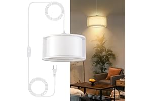 YXTH Plug in Pendant Light, Hanging Lamp with 15ft Dimmable Cord,Hanging Lights with Plug in Cord, Double Fabric Linen Shade, Plug in Ceiling Light Fixtures for Bedroom Hallway Foyer