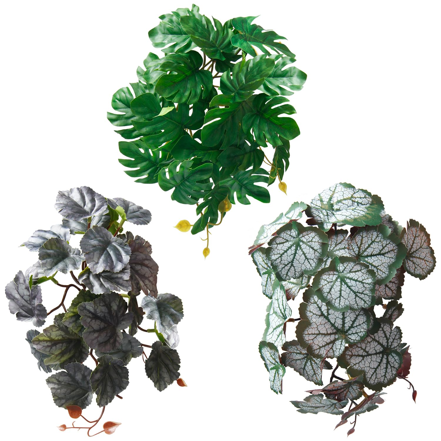 Dsoar 3 Pieces Artificial Plastic Plant for Aquarium Reptile Hanging Plant Vine with Sucker Fake Leaves Strands for Reptile Terrarium Tank Ornaments
