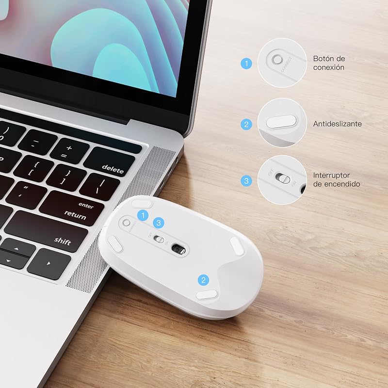 Ratón inalámbrico Bluetooth, ratón inalámbrico Delgado y silencioso para Mac OS, iPad OS, Windows, Android Sistema, Blanco
