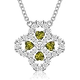 Valentine Necklace Gift for Her, 18K White Gold Plated Four Leaf Clover Lucky Charm 925 Silver Heart Birthstone Pendant, Protection Jewelry Birthday Friendship Saint Patrick Day Gift for Wife Daughter
