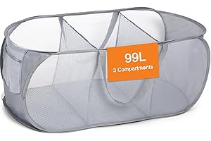 BEMKOO Durable Collapsible Foldable Pop Up Laundry Hamper, Sturdy 3 Compartments, Handy Pocket & Easy to Sort Clothes Hampers for Dorm, Kids Room, Travel - Grey