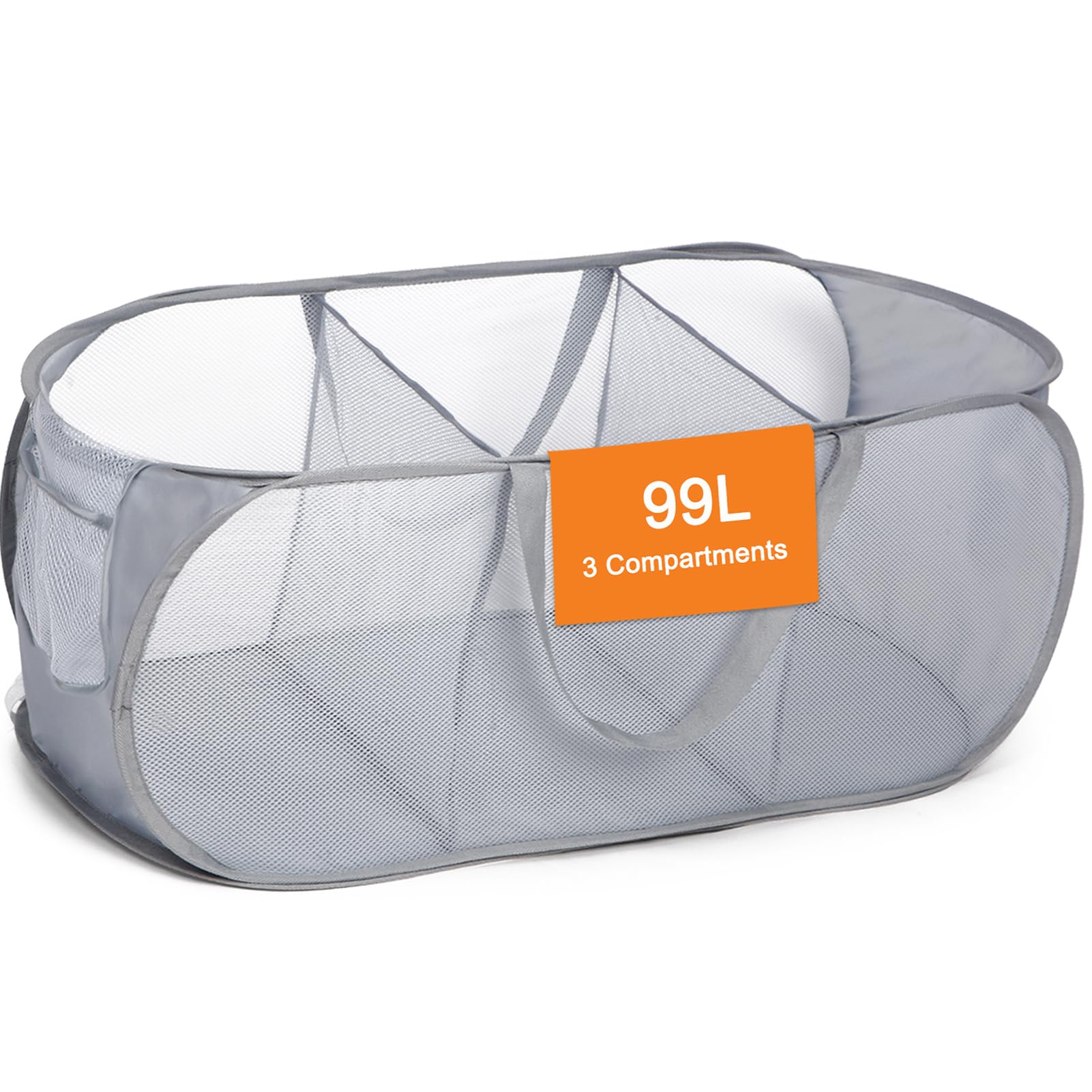 Diggoour Durable Collapsible Laundry Baskets, 3 Compartment Pop Up Laundry Hamper with Handy Pocket, Foldable Clothes Hamper Reinforced Carry Handles for Laundry, Bathroom, Apartment or Travel Grey