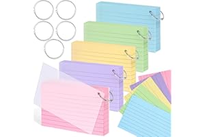 HEYPLACE 250PCS Ruled Index Cards with Rings, Colored Flash Cards with Covers Lined Note Cards in 5 Colors for Studying Learning School College 3x5 Inches