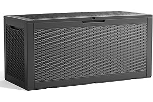 GYMHILL 100 Gallon Outdoor Storage Box,Large Waterproof Resin Deck Box,Lockable Storage Container with Reinforced Support for Patio Cushions,Garden Tools,UV-Resistant（Black Rattan）