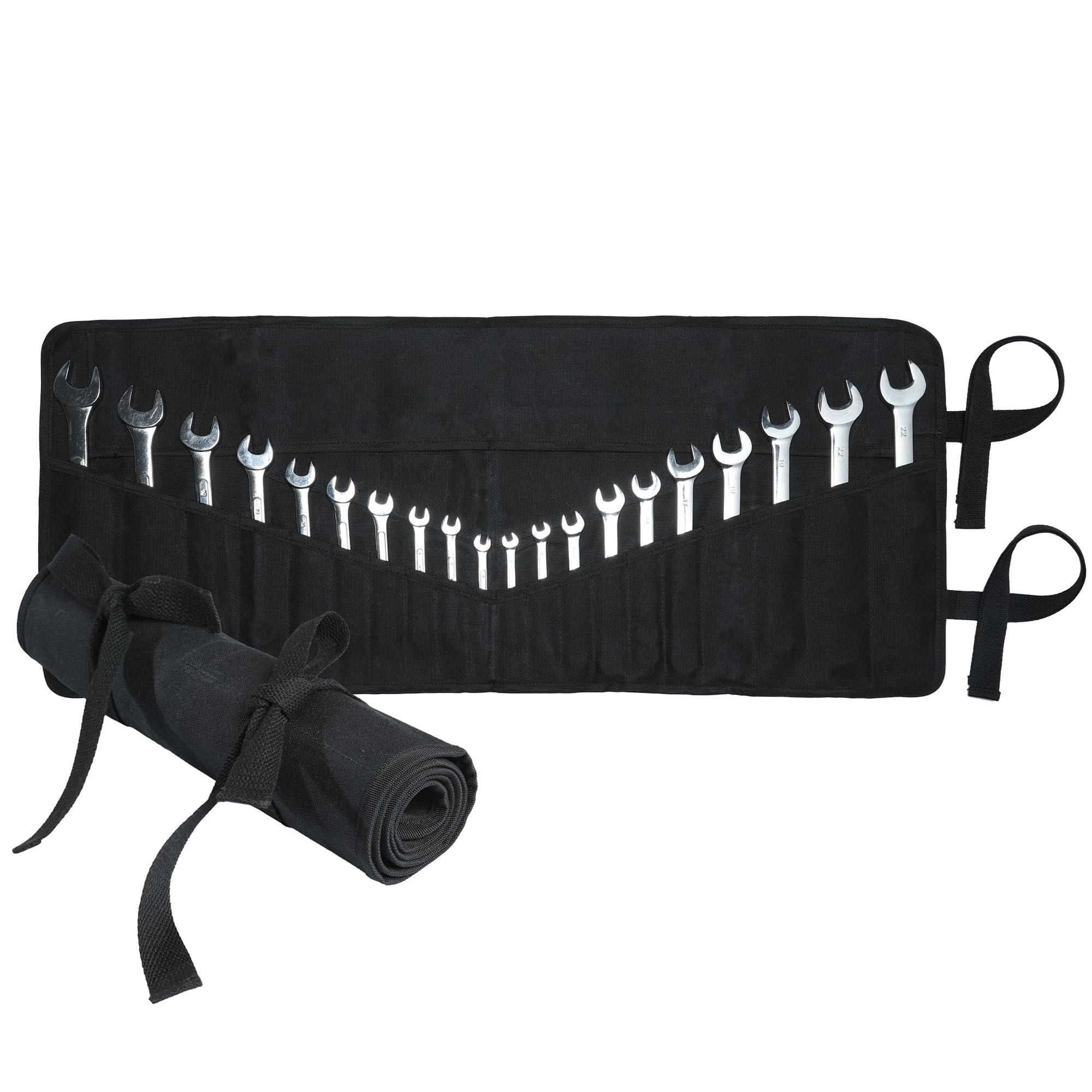 Wrench Bag Roll, Tool Storage Bag with 20 + 4 Tool Pockets, Heavy Duty 16OZ Waxed Canvas Tool Organizer for Wrench Set with Canvas Tie Rope | 84 x 34cm, Black