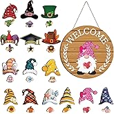 Nialnant Christmas Door Welcome Sign, Interchangeable Wooden Gnomes Front Porch Decor with 30 Changeable Icons, DIY Welcome Hanging Sign for All Seasons Holiday Farmhouse Outdoor Wall Window Decor-Blown