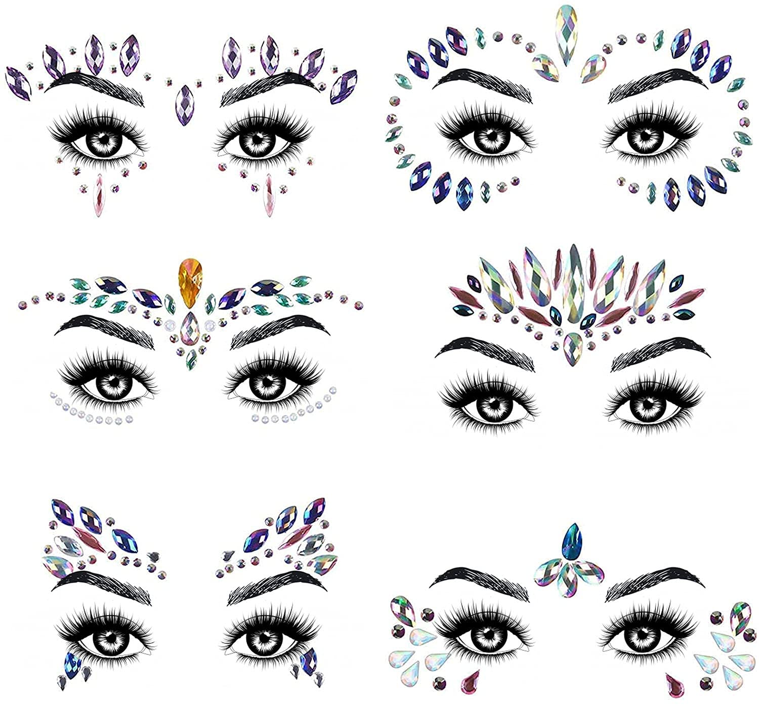 URAQT Face Gems Glitter, 6 Pcs Face Glitter Halloween Face Stickers Set, Crystals Stick on Gems for Eyes Body, Self-adhesive Rhinestone Temporary Tattoos Festival Halloween Decorations