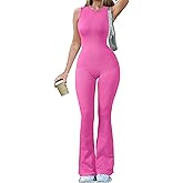 OQQ Women Yoga Jumpsuits Ribbed Crew Neck Sleeveless Bell Bottoms Flare Jumpsuits