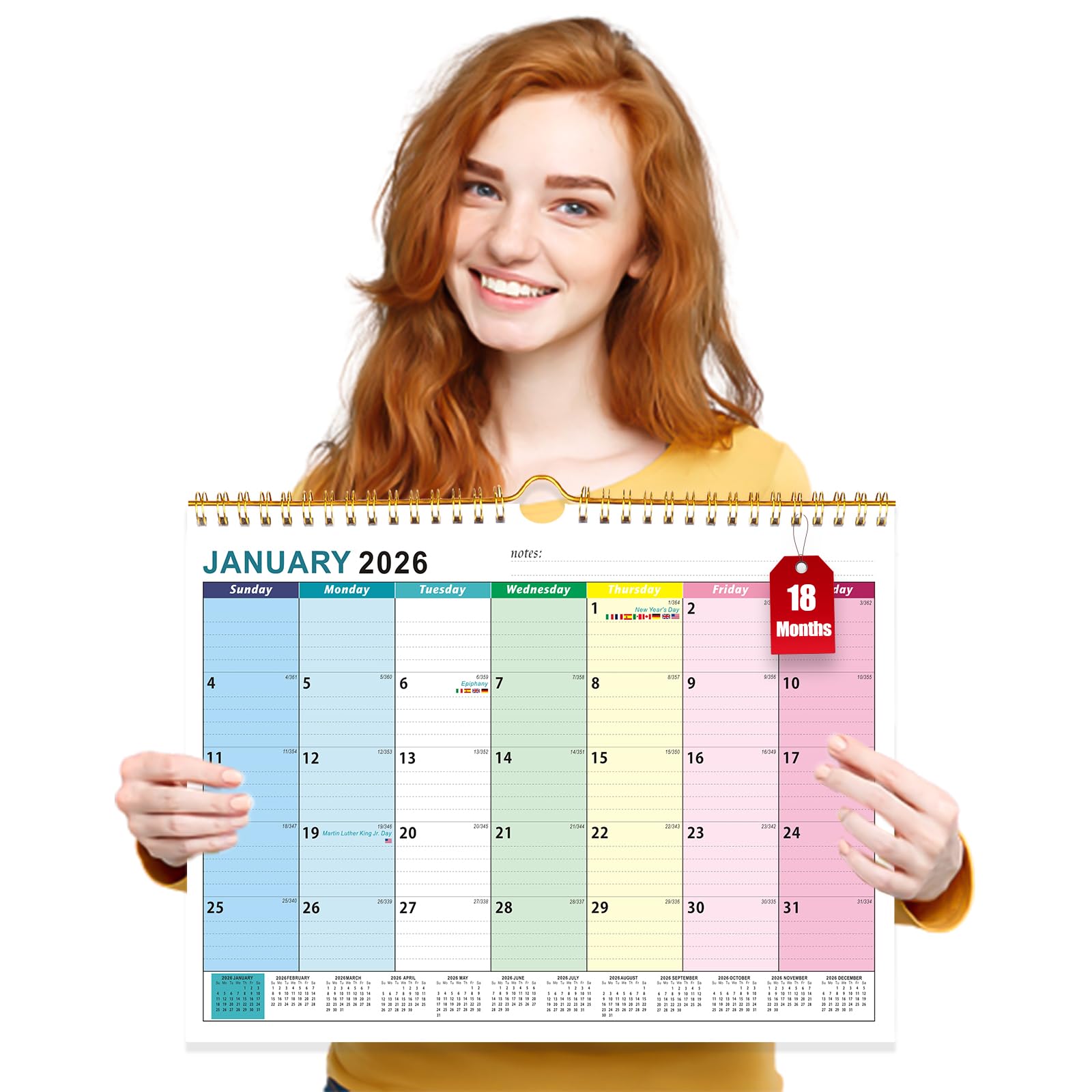 2026 Calendar UK, 18 Month Family Calendar from Jan 2026-Jun 2027, Family Wall Planner with Large Blocks, Large Landscape Yearly Planner, Hanging Holes Slim Calendars