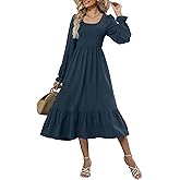ZAFUL Womens 2025 Fall Square Neck Smocked Dresses Long Puff Sleeve Casual Flowy A Line Tiered Midi Dress
