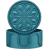 HFHOME Silicone Coasters Set with Holder - 6 Pack Drink Coasters for Coffee Table, Bar, Desk - Tabletop Protection Gift - Blue