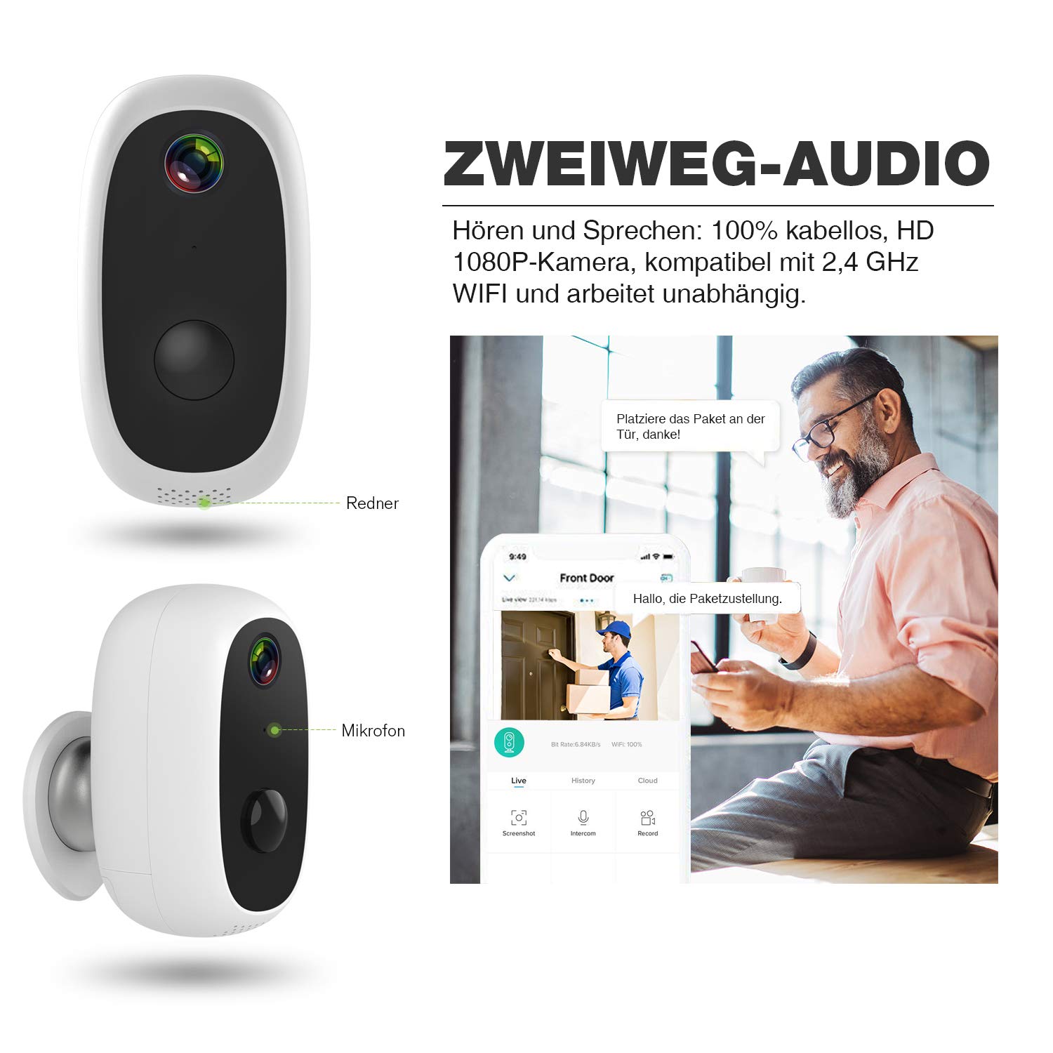 Überwachungskamera mit Solarpanel, 1080P Akku Kabellos Outdoor WLAN Kamera mit PIR-Bewegungserkennung, 2-Wege-Audio, Nachtsicht, integrierter SD-Steckplatz, IP65 wasserdichte