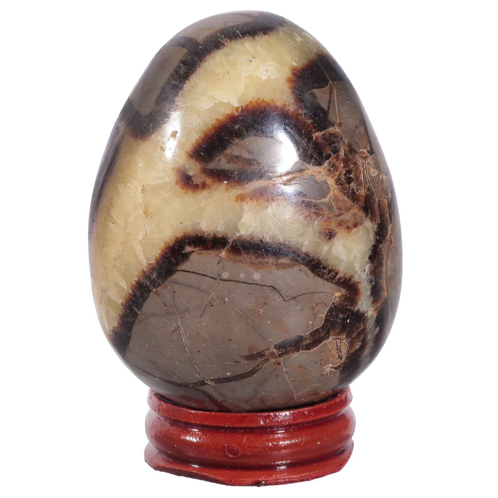 mookaitedecor 60-75mm Natural Septarian Crystal Egg Ornament with Wooden Stand, Septarian Nodule Dragon Stone Healing Crystal Stone Egg Shaped Gift Cute Room Desk Ornament Easter Egg Decoration