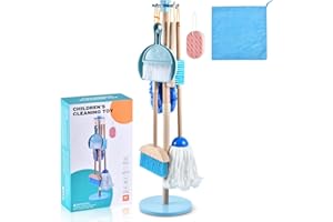 WHOHOLL Wooden Toddler Cleaning Set, Blue Toys Montessori Toys for 3+ Years Old Boy, Housekeeping Play Set Includes Broom Mop Duster Dustpan Sponge and Organizing Stand, STEM Skill Developmental Gift