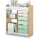 Rolling Craft Cart with 6 Drawers, Pegboard and Locking Wheels Green | Ample multi-zone storage, 2 open shelves, art cart for classrooms, homeschool and offices, sturdy wood-metal frame