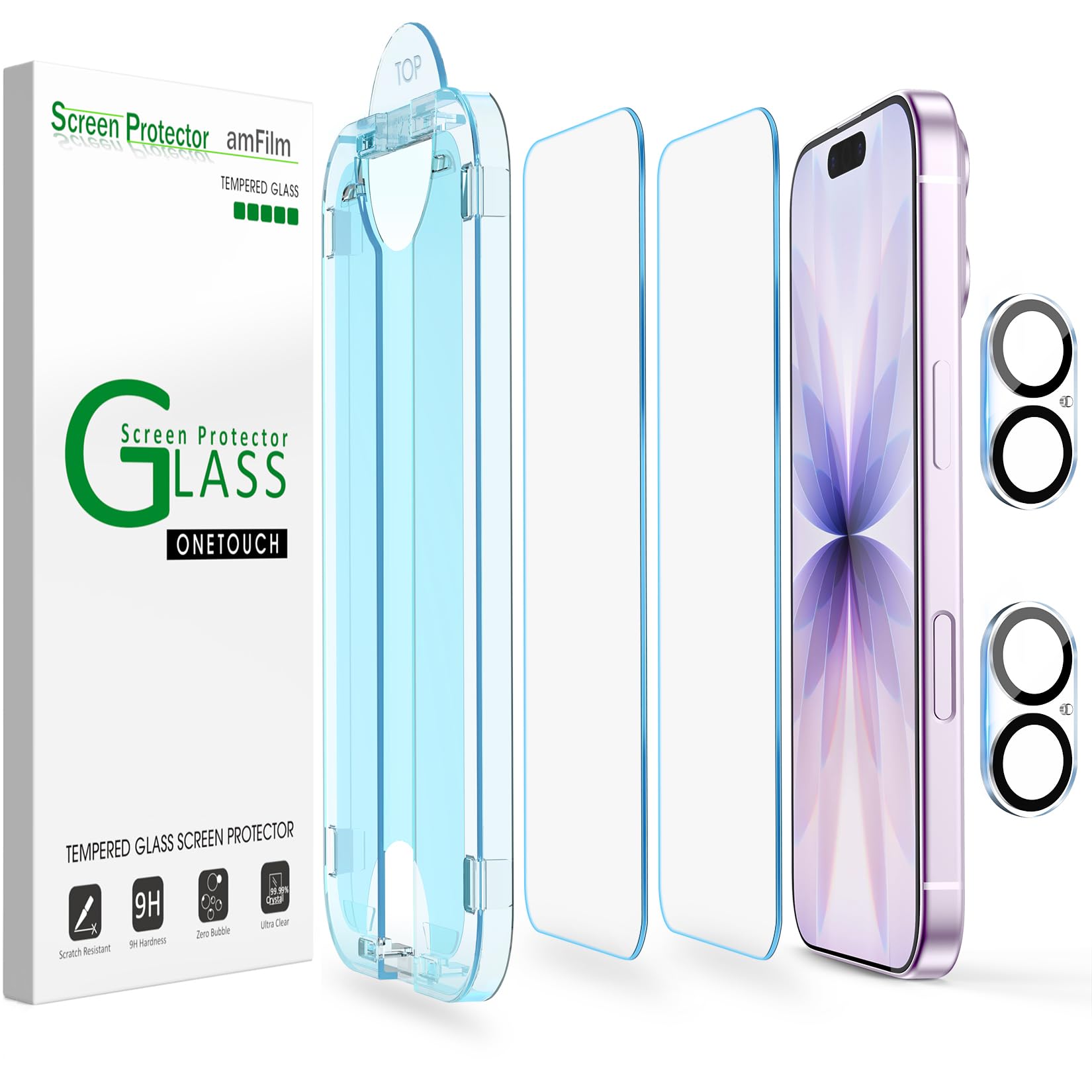 Photo 1 of amFilm OneTouch Screen Protector for iPhone 17 6.3'' 2025 + Camera Lens Protector | Auto-Alignment install | Bubble Free | 9H+ Military-Grade Tempered Glass | FHD Clarity | Case Friendly | 2+2 Pack