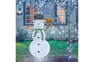 MEETJOYANCY Outdoor Snowman Lighted, Pop-Up Lighted Snowman Outdoor Christmas Decorations Prelit 120 LED Lights Plug-in, Collapsible Light Up Snowmen with Squirrel Pine Cone Home Balcony Porch Yard Decor-Green