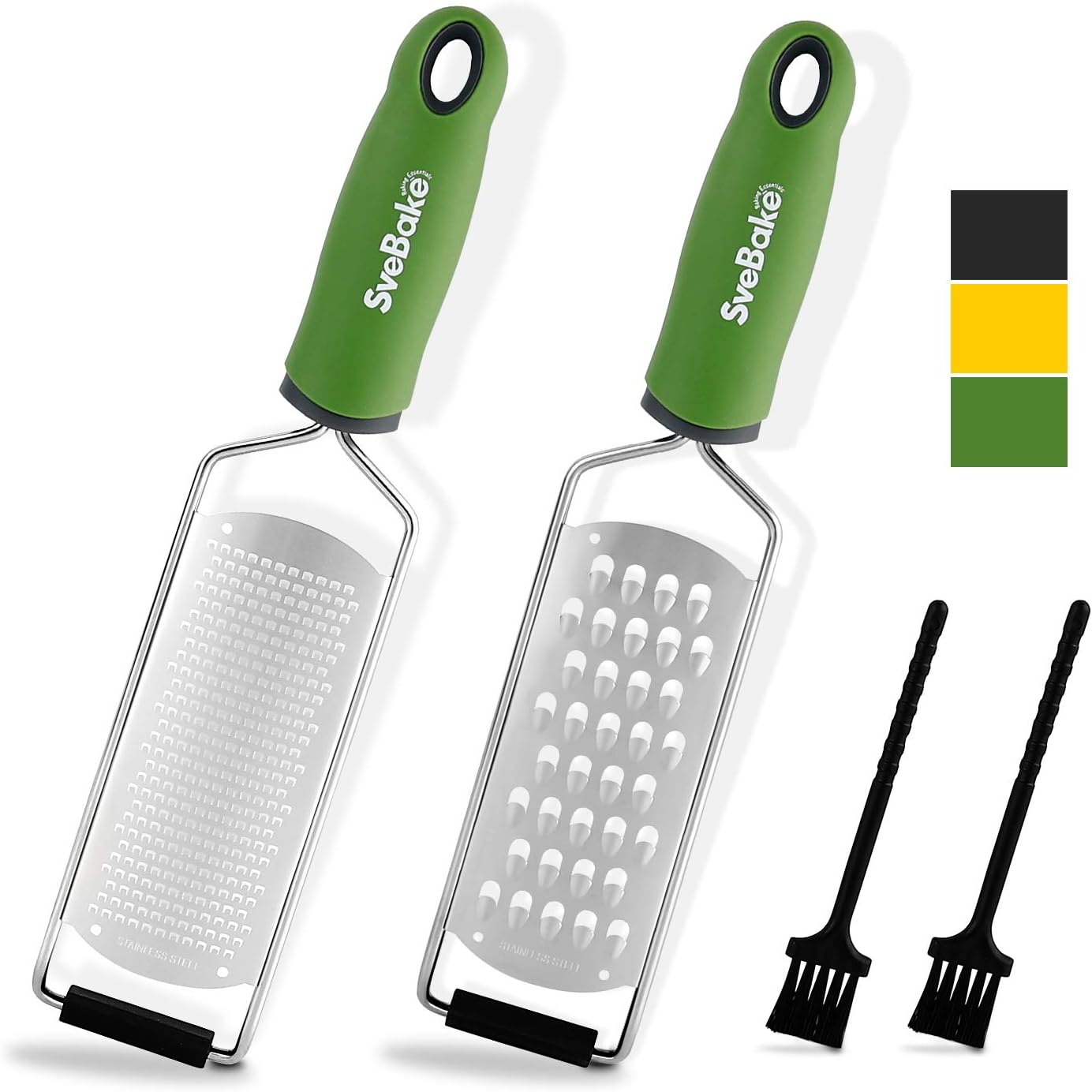 SveBake Zester Reibe aus Edelstahl mit Schutzabdeckung und Reinigungsbürste - 2 Stück - Feine Parmesanreibe & Grob Käsereibe für Zitronenschale, Muskatnuss | Grün