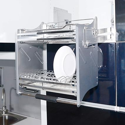 Pull Down 2 Tier Chrome Steel Wire Dish Drainer Rack Utensils