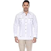 Mojito Men's 100% Linen Guayabera Shirt Long Sleeve with Pop-Color Pocket Trim