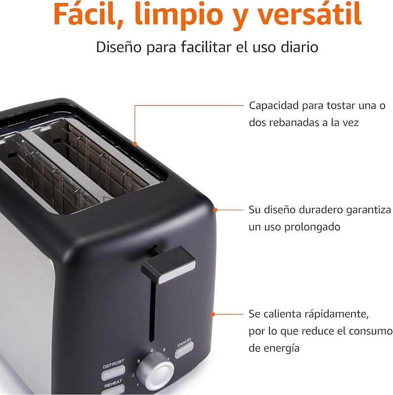 Amazon Basics 2 Torradeira de fatias com 7 níveis de torrefação e bandeja de migalhas removível, slots extra largos, 800W, preto — foto 4 de 5