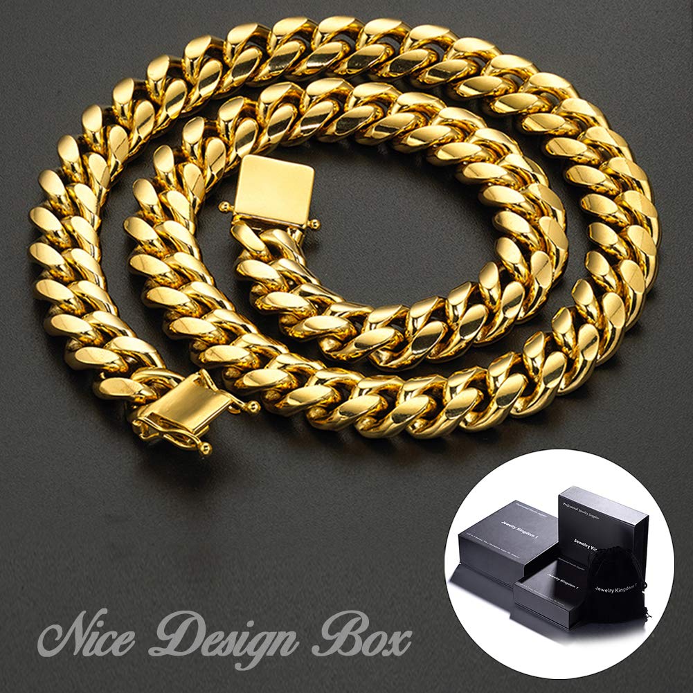 Jewelry Kingdom 1 Necklace and Bracelet for Men, 24K Gold Cuban Link Chain, Big and Heavy Miami Chain, 15MM Stainless Steel Curb Chain Choker for Boys and Bikers 8-30inches