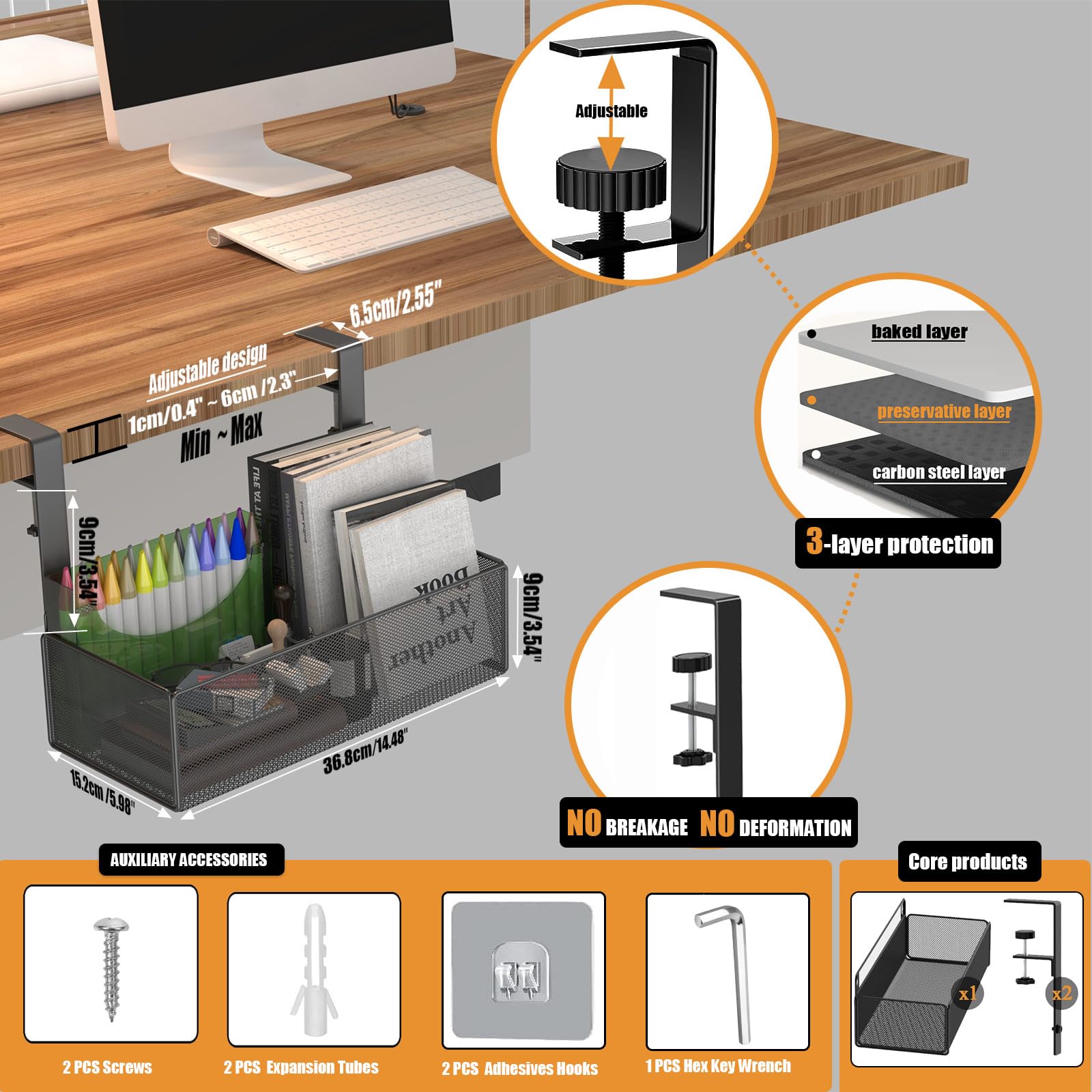 orbixa Under Desk Storage Organizer Clamp-On,Mesh Metal 3-IN-1 desk side storage- Use on desk,under desk or as a hanging wall organizer for office supplies & home essentials (black color)