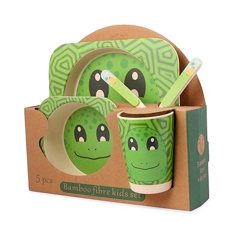 Instabuyz Bamboo Fiber Crockery 5pc Set with Spoon, Fork, Glass, Bowl & Plate