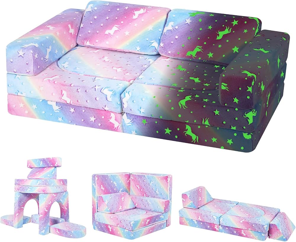 MeMoreCool 10-Piece Kids Modular Couch Glow Sofa Rainbow
