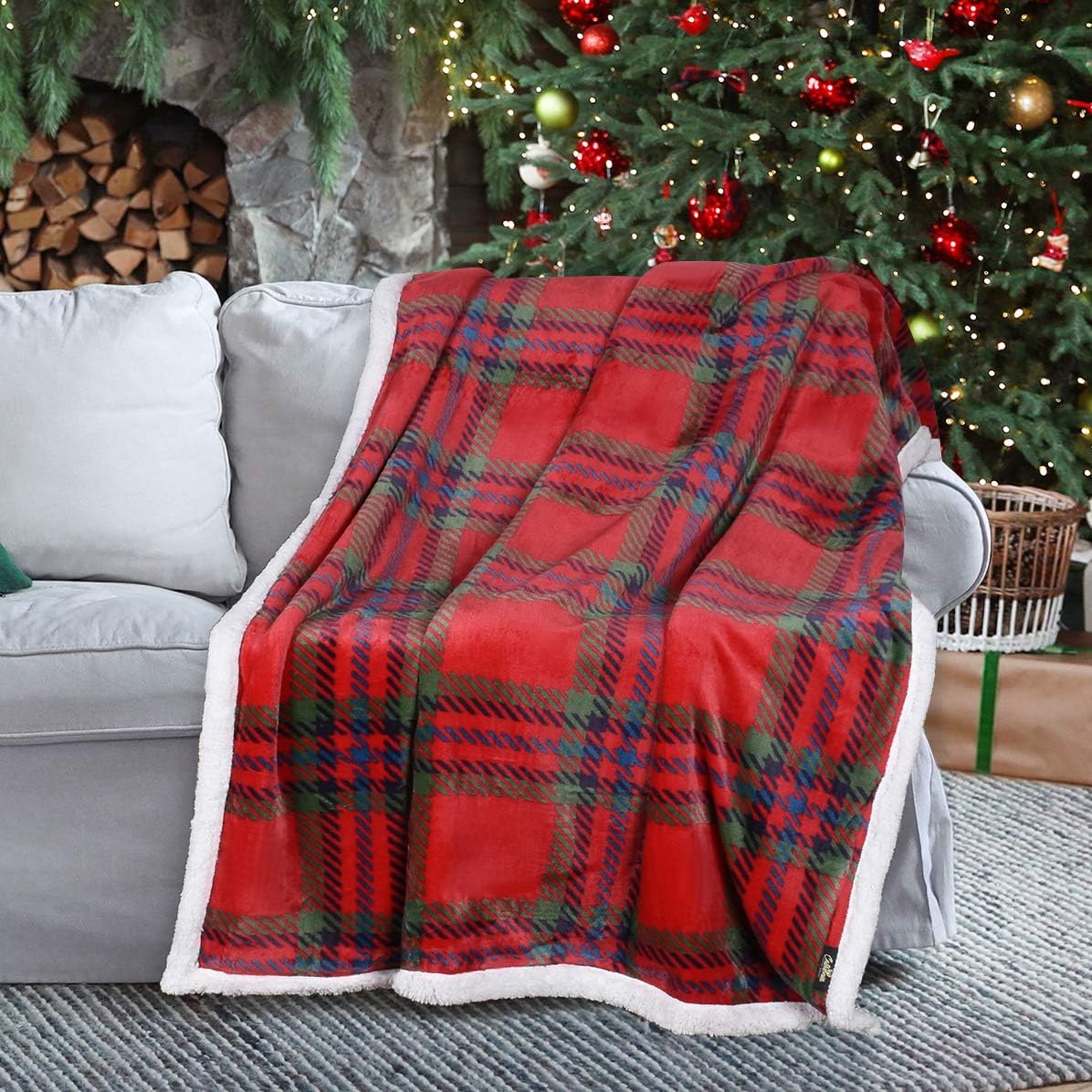 Red Buffalo Plaid Christmas Blanket Sherpa Throw 50" x 60", Super Soft