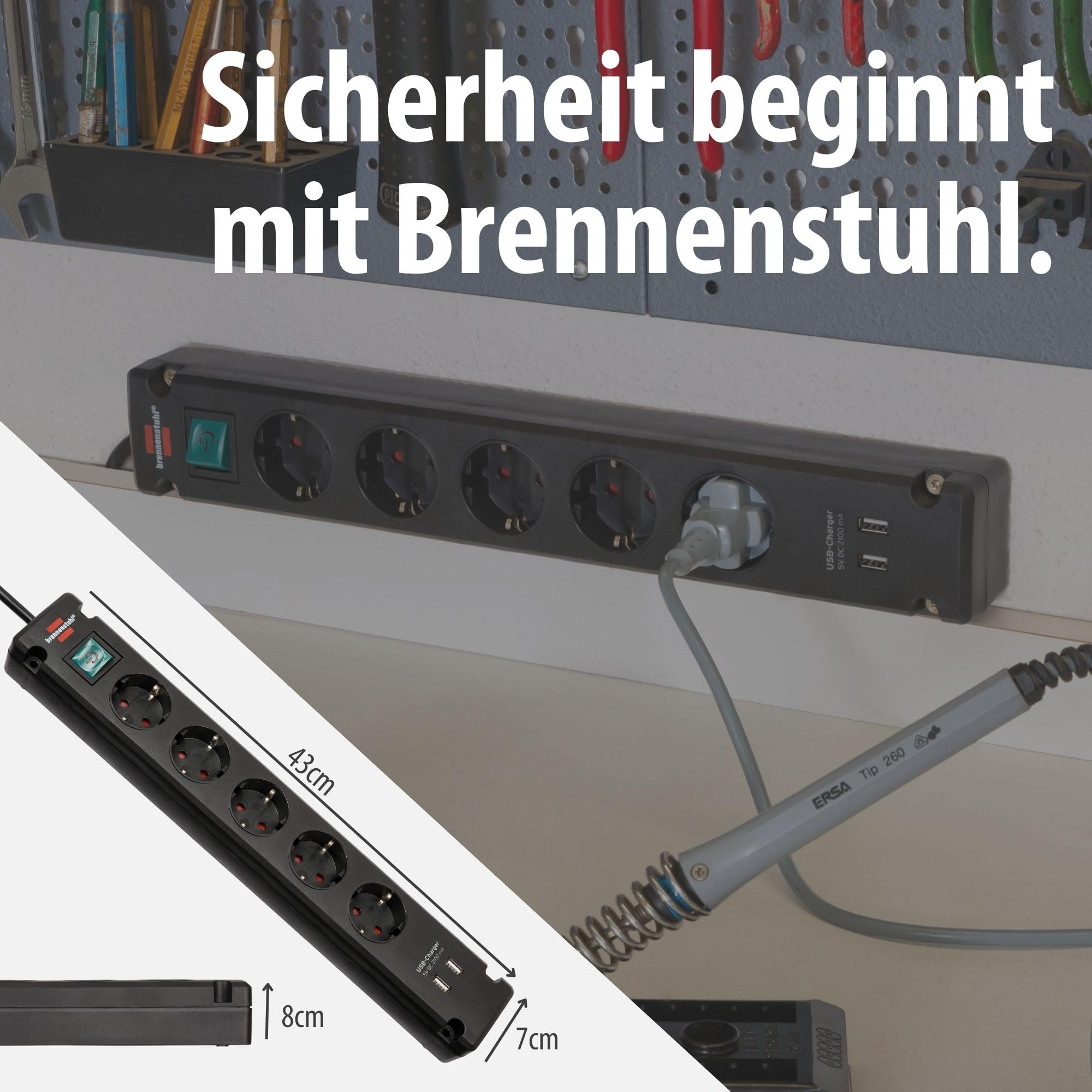 Brennenstuhl Bremounta Steckdosenleiste 5-Fach mit USB-Ladefunktion (Mehrfachsteckdose mit 90 Grad Steckdosen, Steckerleiste mit Schalter, Befestigungsmöglichkeit und 3m Kabel) schwarz 7