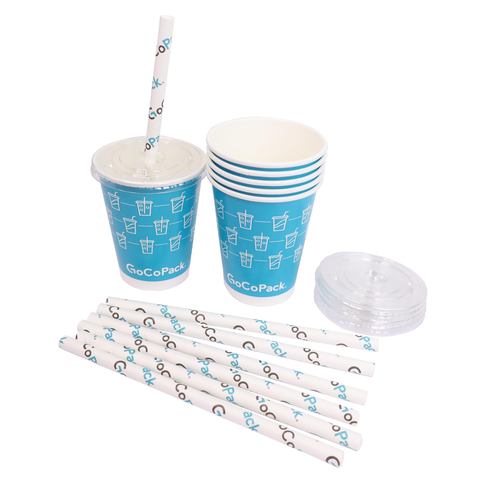 GoCoPack Smoothie Cup Set: Pack of 30-12oz (340ml) Paper Cups with Lids and Straws - Perfect for Smoothies, Milkshakes, and Cold Drinks