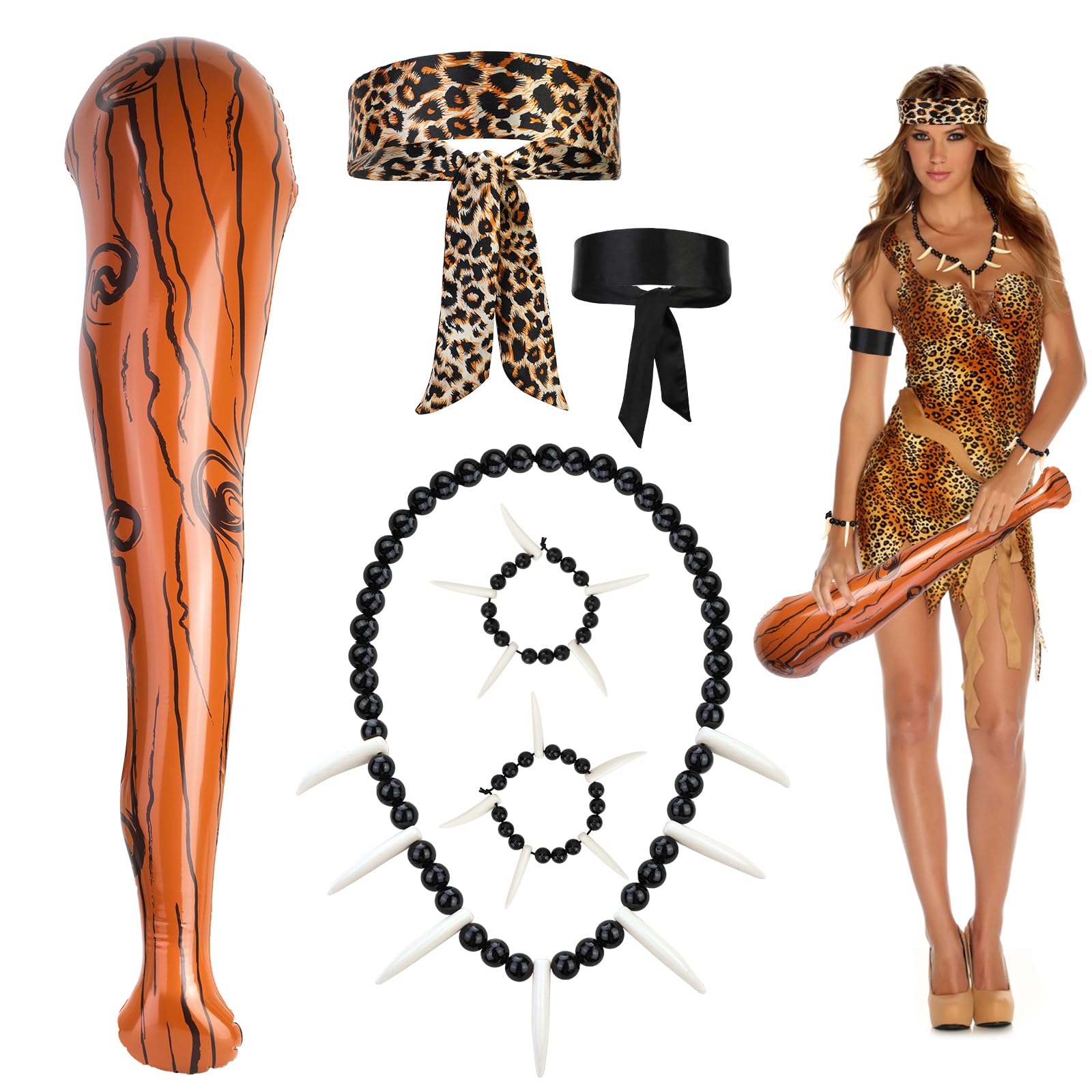 6PCS Caveman Costume Accessories Adults, Inflatable Wooden Stick Ivory Necklace Bracelet Leopard Headband Black Armband, Stone Age Costumes Accessories Cavewoman Fancy Dress for Halloween Carnival