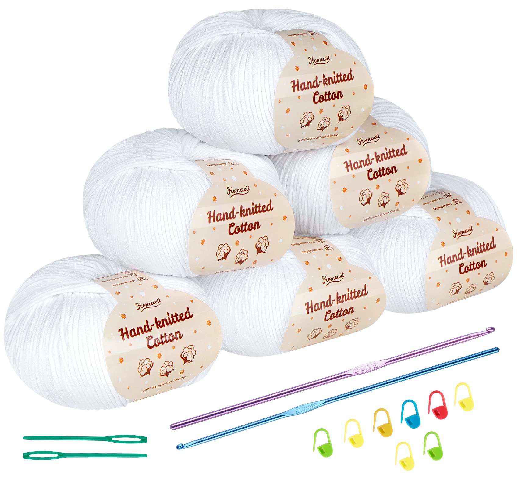 Homewit Cotton Yarn for Crochet Set, 6 x 50g Pack White Cotton Crochet Yarn with Accessories, Soft Professional Knitting Yarn for Baby Clothes, Hats, Towels, Gloves, Yarn Projects Handcrafts